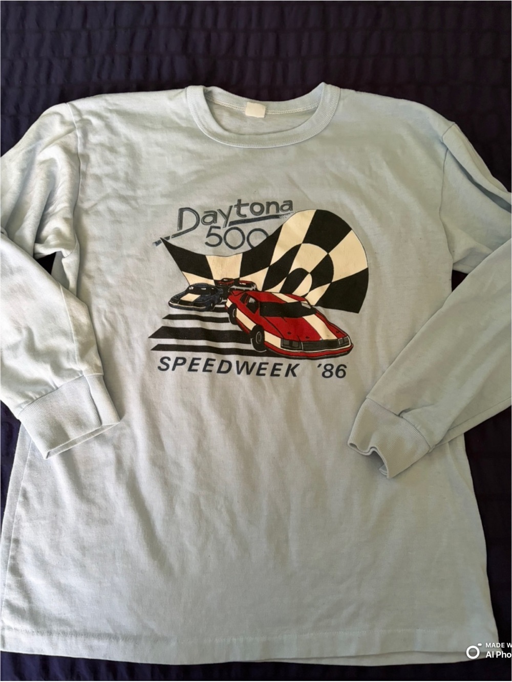 Vintage - 1986- Daytona 500 '86 Light Blue Graphic Long-Sleeve Shirt